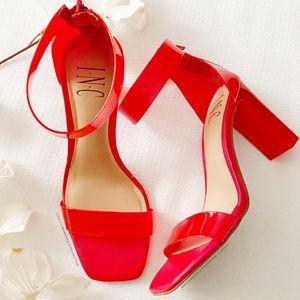 Cherry Red Ankle Strap Square Toe Square Vinyl Heels